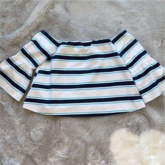 Zara ✦ Striped Off-Shoulder Cropped Blouse ✦ Belle Sleeves Size L EUC - Picture 2 of 7